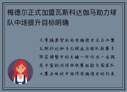 梅德尔正式加盟瓦斯科达伽马助力球队中场提升目标明确